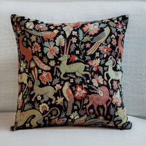 Mythical Animals Heavyweight Tapestry Double Sided Cushion. 17&quot;x17&quot; Square. Black background with multicoloured beasts. Morris style design.