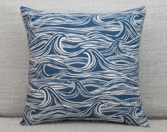 Ocean Waves Cushion. Double Sided Nautical Design. 17x17" (43cm sq.) 100% Cotton. Navy Indigo Blue Seaside Design.