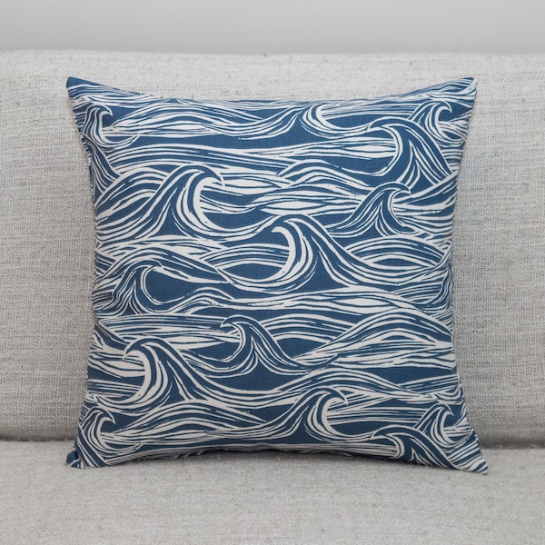 Ocean Waves Cushion. Double Sided Nautical Design. 17x17" (43cm sq.) 100% Cotton. Navy Indigo Blue Seaside Design.