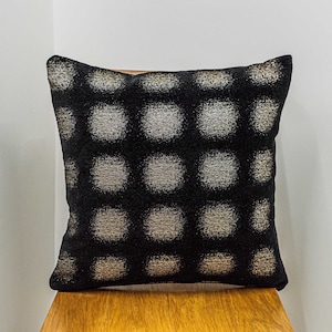 Zaffiro Metallic Chenille Cushion. Made with Genuine Lurex. Deep Black and Pewter Geometric Dot Print. 17x17&quot; Square Cover.