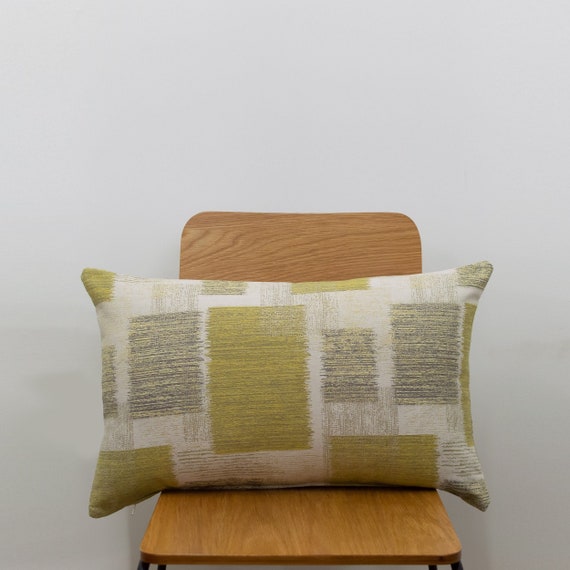 Geometric Abstract XL Rectangular Cushion. Patchwork Block Style Soft Woven Chenille. Ochre Yellow and Natural Beige. 23x15 Double Sided