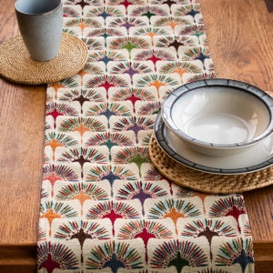 Peut inclure: Un chemin de table coloré avec un motif géométrique de ventilateurs stylisés dans des tons de rouge, orange, jaune, vert, bleu et violet. Le chemin de table est sur une table en bois avec un bol et une assiette.