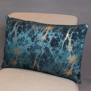 Luxury Teal Blue Metallic Gold XL Rectangular Cushion. Double Sided, 23x15". Turquoise and Indigo with Copper Highlight Marble Effect.
