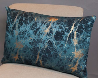 Luxury Teal Blue Metallic Gold XL Rectangular Cushion. Double Sided, 23x15". Turquoise and Indigo with Copper Highlight Marble Effect.