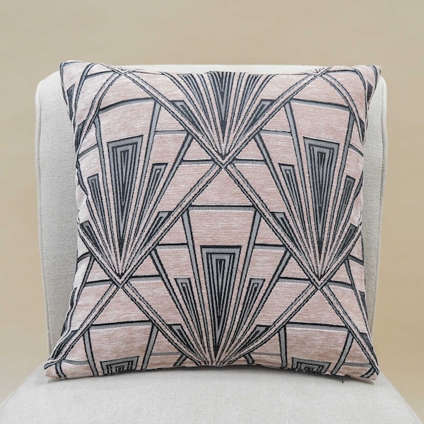 Art Deco Geometric Cushion. Blush Pink and Silver Vintage Design. Luxury Velvet Chenille. 17x17" Square Cushion Cover.