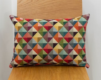 Geometric Tapestry Double Sided Boudoir Cushion. Multicoloured Red Blue Green Yellow Triangular Harlequin Patten. 17"x12" Rectangle.