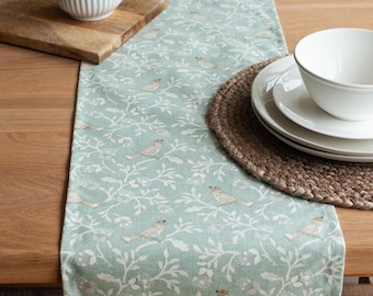 Dainty Songbird Table Runner in Duck Egg Blue. Birds and Leaves. Available in Three Sizes.