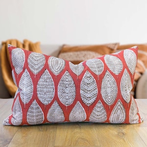 Indira Leaf Print XL Rectangular Cushion. Scarlet Red Indonesian Inspired Block-Print Botanical Design. Eco-Friendly Cotton. 23x15"
