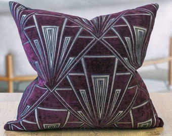 Art Deco Geometric Cushion. Deep Purple and Silver Vintage Design. Luxury Velvet Chenille. 17x17" Square Cushion Cover.