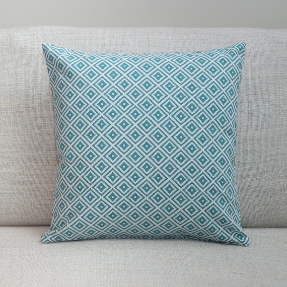 Contemporary Geometric Ikat Cushion in Teal Double Sided