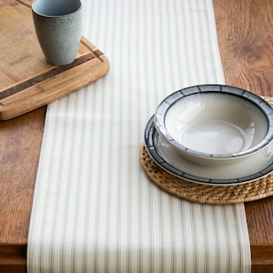 May include: A white table runner with green stripes, a wooden cutting board, and a set of ceramic dishes on a woven placemat.