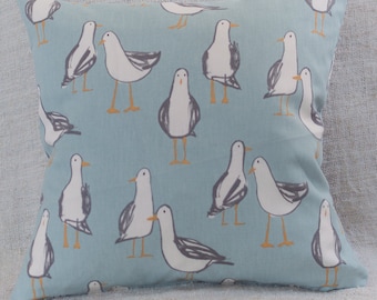 Nautical Seagull Double Sided Cushion. 17" x 17" Decorative Scatter Pillow Case Duck Egg Blue Birds. Nautical Seaside Marine Beach Design.