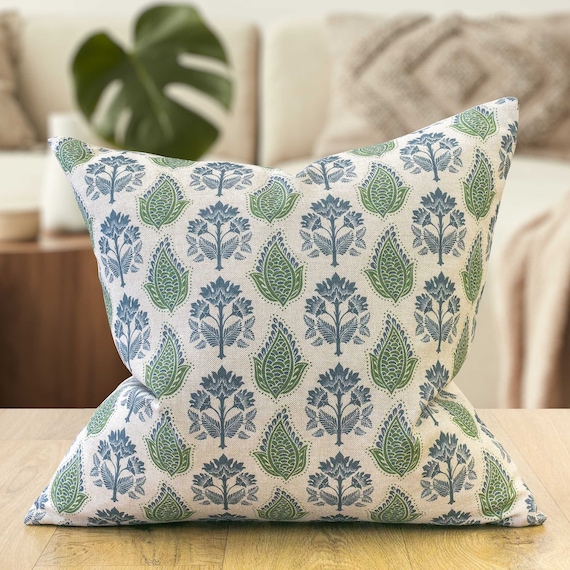 Cotswold Countryside Motif Cottagecore Green and Blue Floral  Leaf Geometric Botanical 17x17