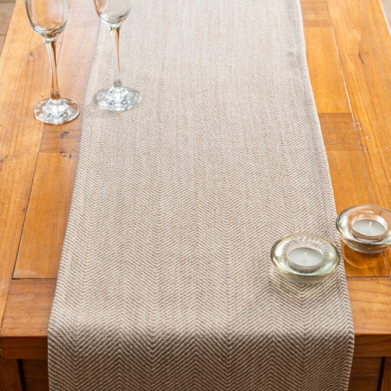 Faux Wool Linen Blend Herringbone Table Runner. Minimalist Classic Latte Brown/Beige Kitchen Accessory. Available in Three Sizes