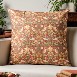 William Morris Strawberry Thief Printed Extra-Large Cushion in Red. Vintage Arts and Crafts Botanical Floral Print. 23x23&quot; XL Cover