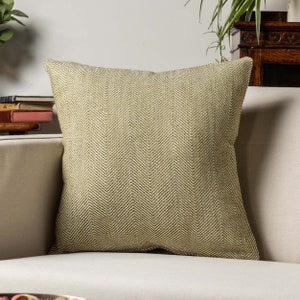 Peut inclure: Un coussin de canapé en tissu à motif chevron vert et blanc. Le coussin est posé sur un canapé beige clair.
