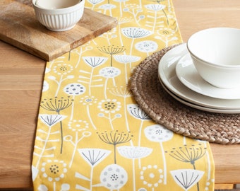 Scandinavian Style Table Runner. Bold Ochre Yellow and Grey/Black Geometric Floral Design. Available in two sizes.