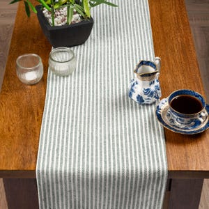 Può includere: Un tavolo di legno è apparecchiato con un runner a righe verdi e bianche. Una piccola pianta in vaso, due portacandele in vetro, una lattiera con motivi blu e bianchi e una tazza da tè e piattino sono disposti sul tavolo.