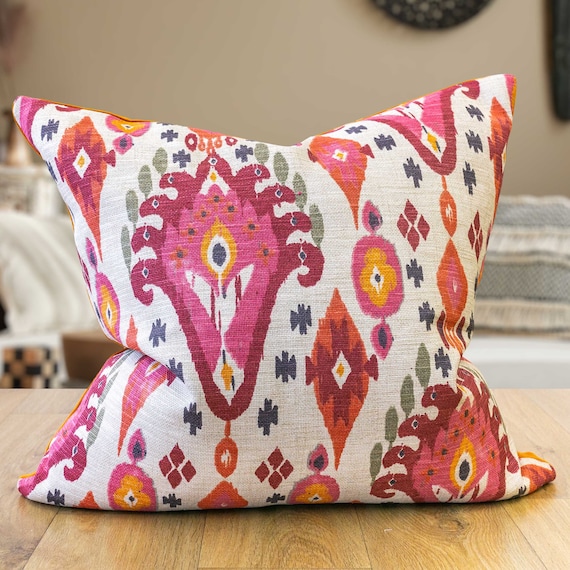 Heavyweight Linen blend Ikat Extra large Cushion in Bright Pink Orange. Moroccan Inspired Geometric Design Backed With Velvet. 23x23 XL Etsy