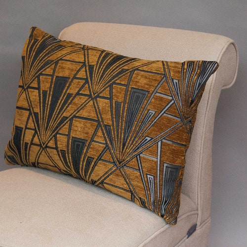 Art Deco XL Rectangular Cushion. Double Sided Luxury Velvet Chenille. Gold  and Silver. 23x15