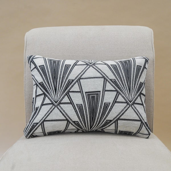 Art Deco Geometric Boudoir Cushion. Pearl White and Silver Vintage Design. Luxury Velvet Chenille. 17x12" Rectangle Cushion Cover.