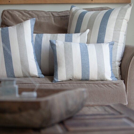 Harbour Stripe Cushion. Denim Blue, Soft Grey and Seafoam