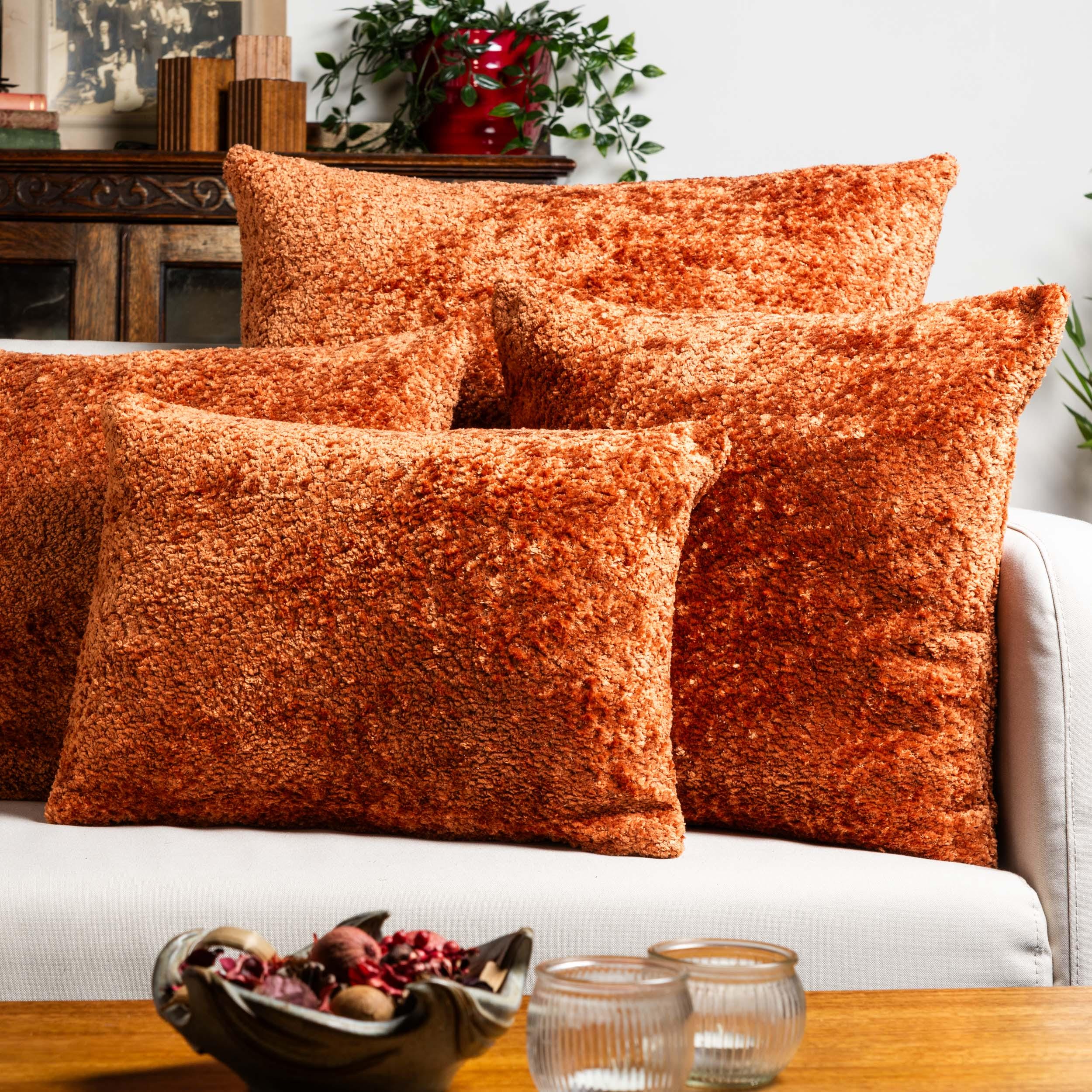 Cuddle Chenille Boucle Extra-large Cushion in Burnt Orange. Luxury