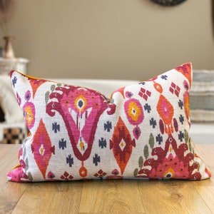 Heavyweight Linen-blend Ikat XL Rectangular Cushion in Bright Pink & Orange. Moroccan Inspired Geometric Design, Backed With Velvet. 23x15"