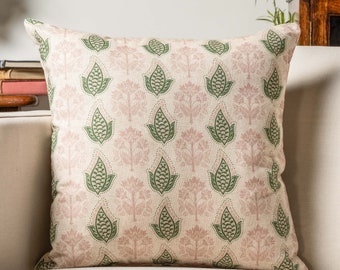 Cotswold Countryside Motif Cushion. Cottagecore Green and Pink Floral & Leaf Geometric Botanical Design. 17x17" Cushion Cover