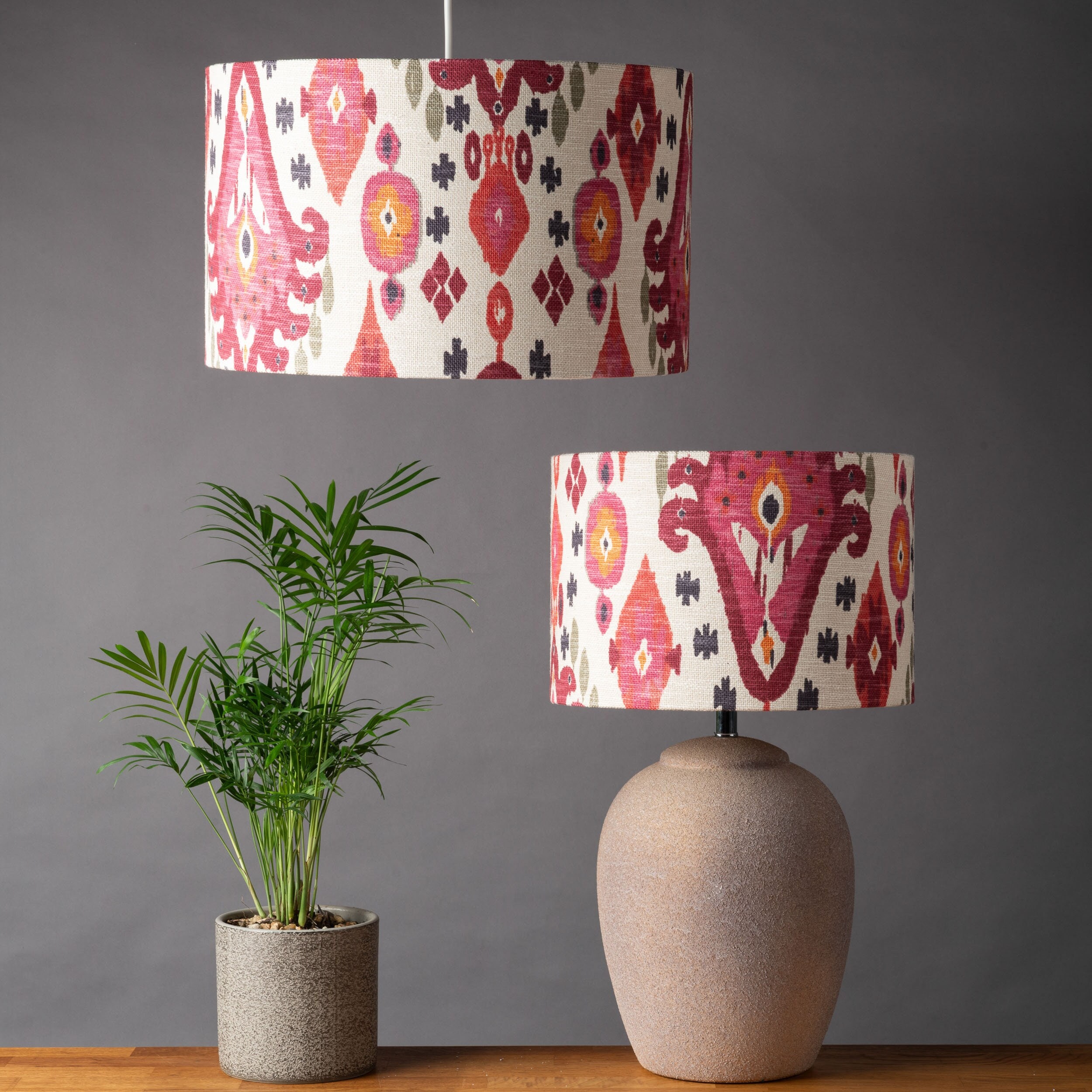 Heavyweight Linen-blend Ikat Lampshade. Bright Pink and Orange Moroccan Inspired Geometric Design, Cylinder Style Shade. 30cm & 40cm Sizes