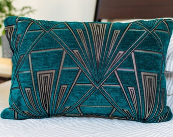 Art Deco Boudoir Cushion. Geometric Teal Blue and Silver. Luxury Velvet Chenille. 17x12" (43x30cm) Double Sided. Pillow. 20s and 30s Style.