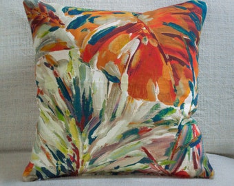 Palm Leaves Double Sided Cushion. 17x17"Square Cover. Oil painting tropical jungle style printed design 100% Cotton. Reds, Terracotta, Green