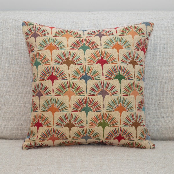 Multicoloured Retro Dandelion Tapestry Cushion. Double Sided. 17x17" (43cm) Square. Heavyweight fabric. Geometric floral design.