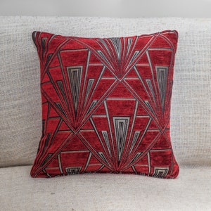 Art Deco Cushion. Luxury Velvet Chenille. Silver and Red. 17&quot;x17&quot; Square Pillow. Geometric bold design. 20s and 30s style
