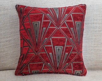 Art Deco Cushion. Luxury Velvet Chenille. Silver and Red. 17"x17" Square Pillow. Geometric bold design. 20s and 30s style
