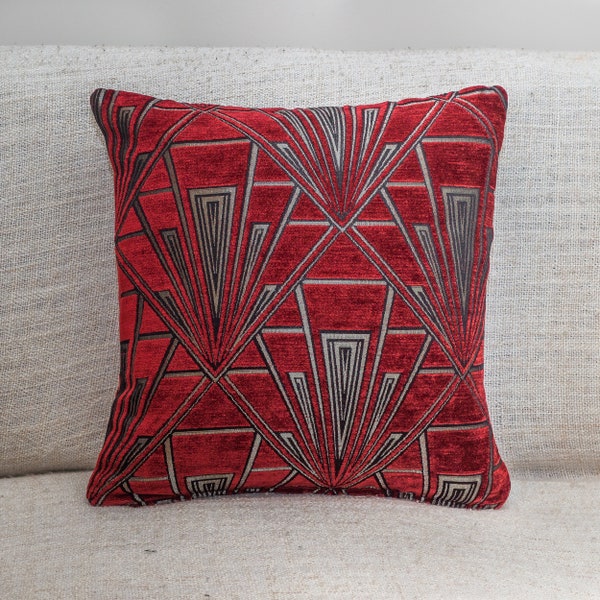 Art Deco Cushion. Luxury Velvet Chenille. Silver and Red. 17"x17" Square Pillow. Geometric bold design. 20s and 30s style