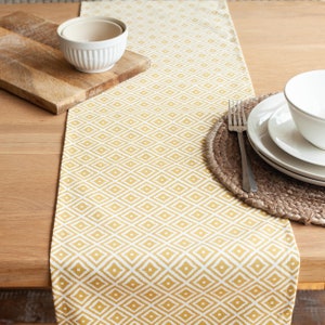 Può includere: Un runner da tavolo con motivo geometrico giallo e bianco con un sottopiatto in juta intrecciata e ciotole in ceramica bianca.