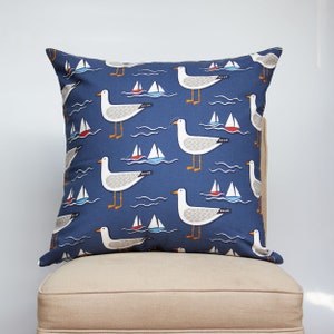 By the Sea Gull Extra-Large Cushion Cover. Navy Blue Nautical Inspired Seagull and Yacht Boat Print. 23x23" XL Cover