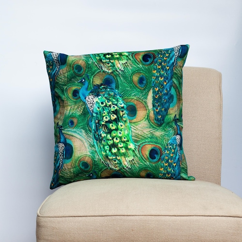 Velvet Peacock Procession Cushion. Bright Modern Blue & Green Etsy UK