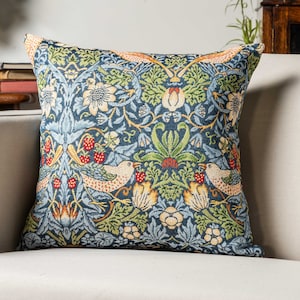 William Morris Strawberry Thief Tapestry Cushion in Blue. Vintage Arts and Crafts Style with Birds, Berries and Leaves. 17x17&quot; Square Cover