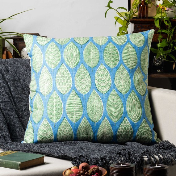 Indira Leaf Print Extra large Cushion. Green and Teal Blue Indonesian Inspired Block print Botanical Design. Eco friendly Cotton. 23x23 Etsy UK