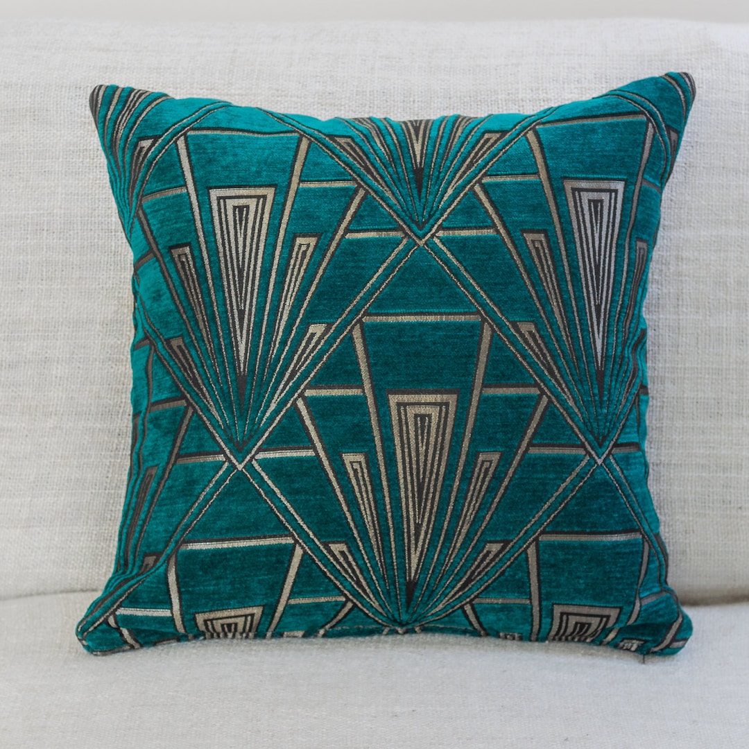 Art Deco Cushion. Luxury Velvet Chenille. Silver and Teal Blue. 17x17 Square Pillow. Geometric Bold Design. 20s and 30s Style Etsy