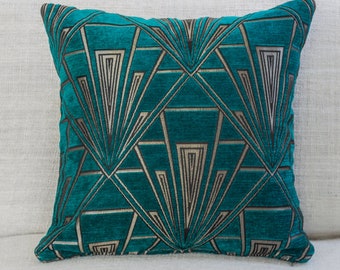 Art Deco Cushion. Luxury Velvet Chenille. Silver and Teal Blue. 17"x17" Square Pillow. Geometric bold design. 20s and 30s style
