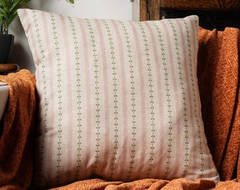 Cotswold Countryside Stripe Cushion Cover. Cottagecore Rose Pink and Sage Green Floral Botanical Stripe Design. 17x17" Square