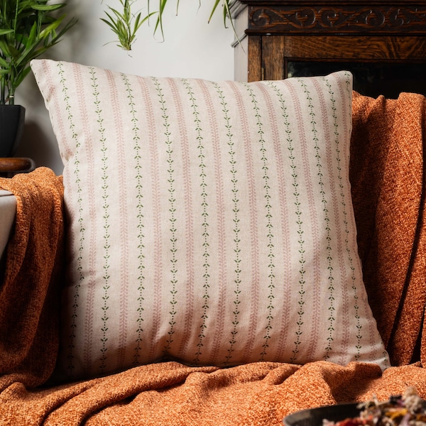 Cotswold Countryside Stripe Cushion Cover. Cottagecore Rose Pink and Sage Green Floral Botanical Stripe Design. 17x17" Square