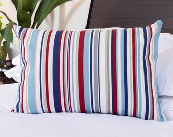 Nautical Blue and Red Marine Stripes Boudoir Cushion. Double Sided 17x12" Rectangle Pillow. Coastal deckchair style stripe printed design.