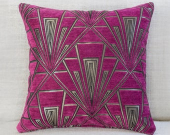 Art Deco Cushion. Luxury Velvet Chenille. Silver and Pink. 17&quot;x17&quot; Square Pillow. Geometric bold design. 20s and 30s style