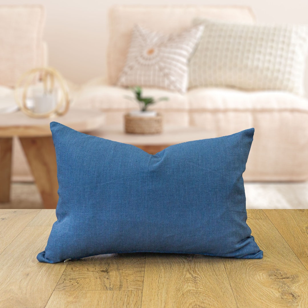 100 Linen Boudoir Cushion Cover. Plain Denim Blue Linen Cushion Cover