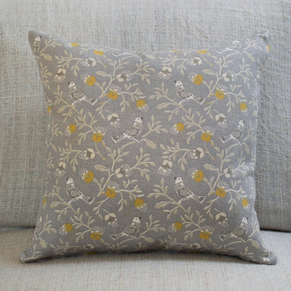 Dainty Songbird Grey Ochre Mustard Yellow Double Sided Cushion. 17" x 17" Square Case. Handmade. Contemporary Vintage Style Design.