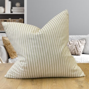 Nautical Cotton Ticking Stripe Extra-Large Cushion. Nature Inspired Sage Green and Bright White Stripe Design. 23x23&quot; XL Cushion Cover
